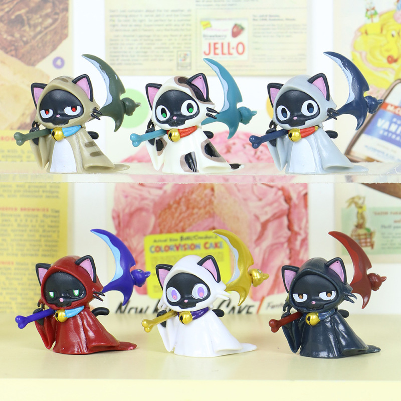 Cat with the Grim Reaper's Scythe, Grim Reaper Black Cat, Cloak Cat, Tri-Color Cat, Q-Version Trendy Toy Figurine Boxed Set