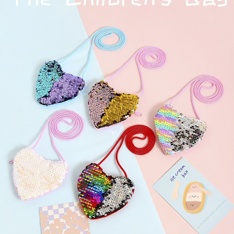 Korean Style Children's Bag Girls' Crossbody Bag Fashion Princess Girl Baby Cute Heart-Shaped Sequin Shoulder Backpack