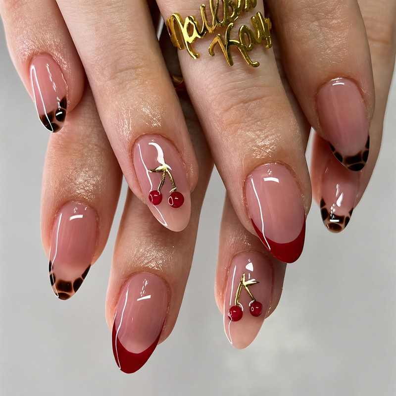 Cross-Border Hot-Selling 3D Cherry French Leopard Print Wearable Nail Tips, Red Teardrop-Shaped Nail Art Nail Tips, Finished Product Wholesale