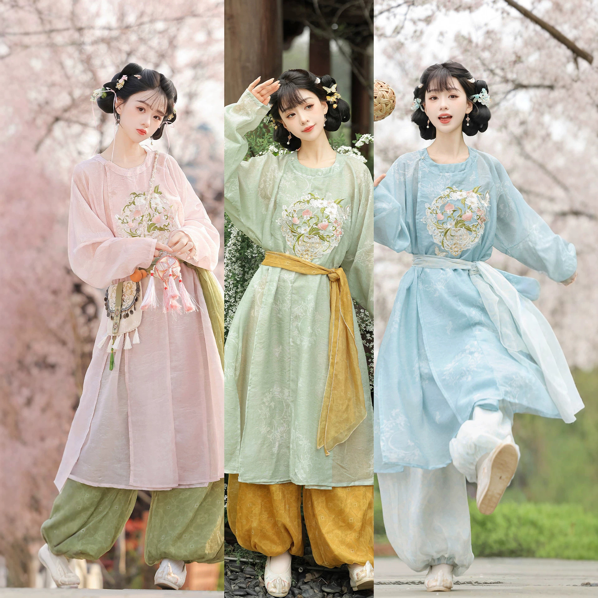 Han Yu Kui Xiaotaoxian Original Hanfu for Women, Tang-Style Chinese Style Embroidered Round-Neck Robe with Lantern Pants, Daily Wear for Spring and Summer