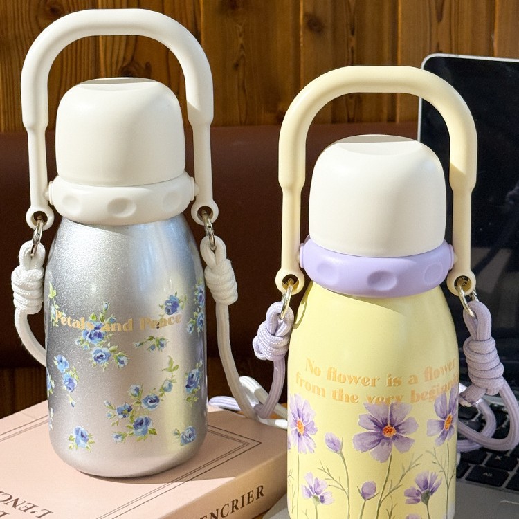 Creative 316 Stainless Steel Thermos Cup, Large Capacity, One Cup, Three Drinking Cups, Outdoor Portable Sports Water Bottle with Carrying Rope