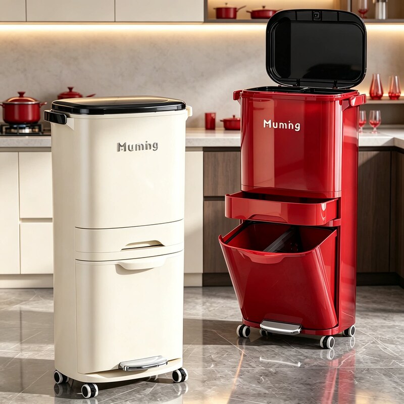 Luxury No-Bend Trash Can, Double-Layer Kitchen Household Pedal-Operated Wheeled Bin for Dry and Wet Separation and Classification Storage Luxury No-Bend Trash Can, Double-Layer Kitchen Household Pedal-Operated Wheeled Bin for Dry and Wet Separation and Classification Storage