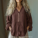 女式民族风亚麻波西米亚风 V 领衬衫纽扣设计宽松舒适长袖上衣