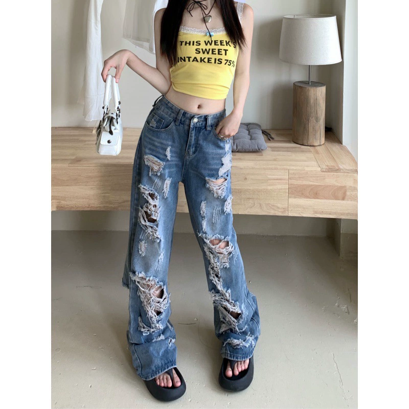 2024-май Ретро свободная стирка дыры в джинсах женские новые прямые брюки с широкими ногами