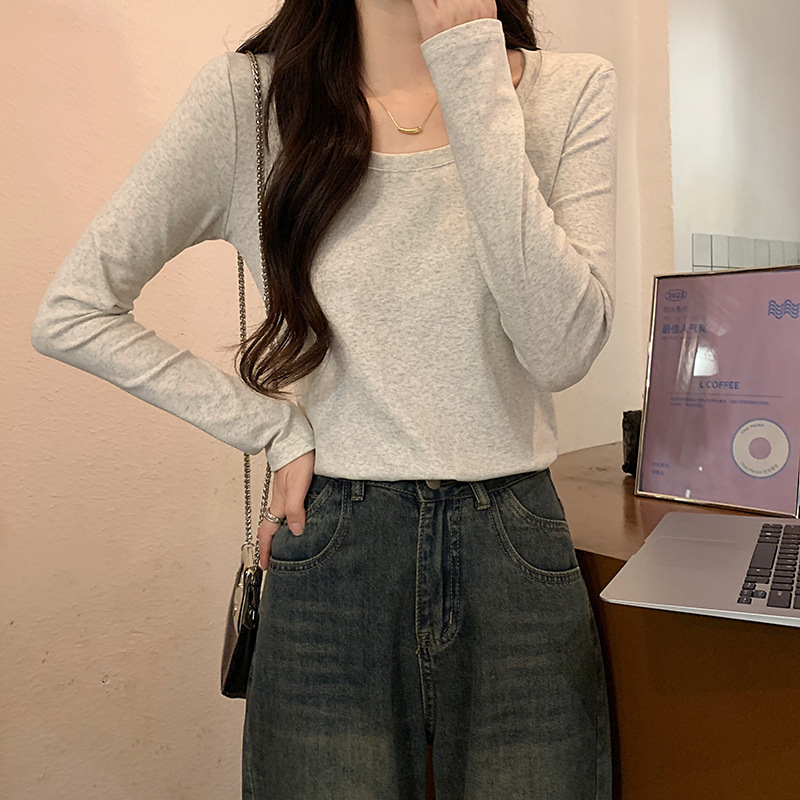 春秋长袖纯棉打底衫女2025新款修身基础款低圆领内搭正肩t恤上衣|undefined