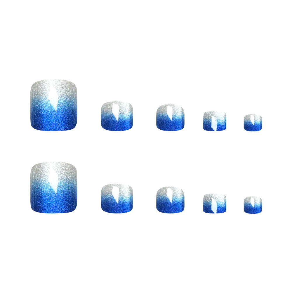Gradiente azul de hielo claro ojo de gato uñas de pie de verano simple blanco 24 piezas de uñas falsas suministro directo transfronterizo