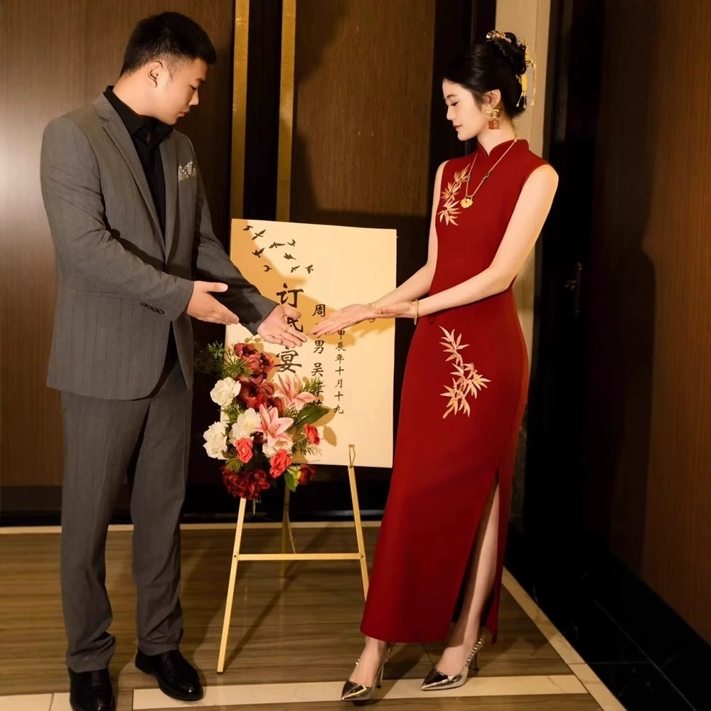 Summer evening dress for bride, long cheongsam, elegant skirt, fitted
