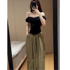 名媛风辣妹复古一字肩上衣女夏季时尚轻奢泡泡袖小衫束身鱼骨T恤