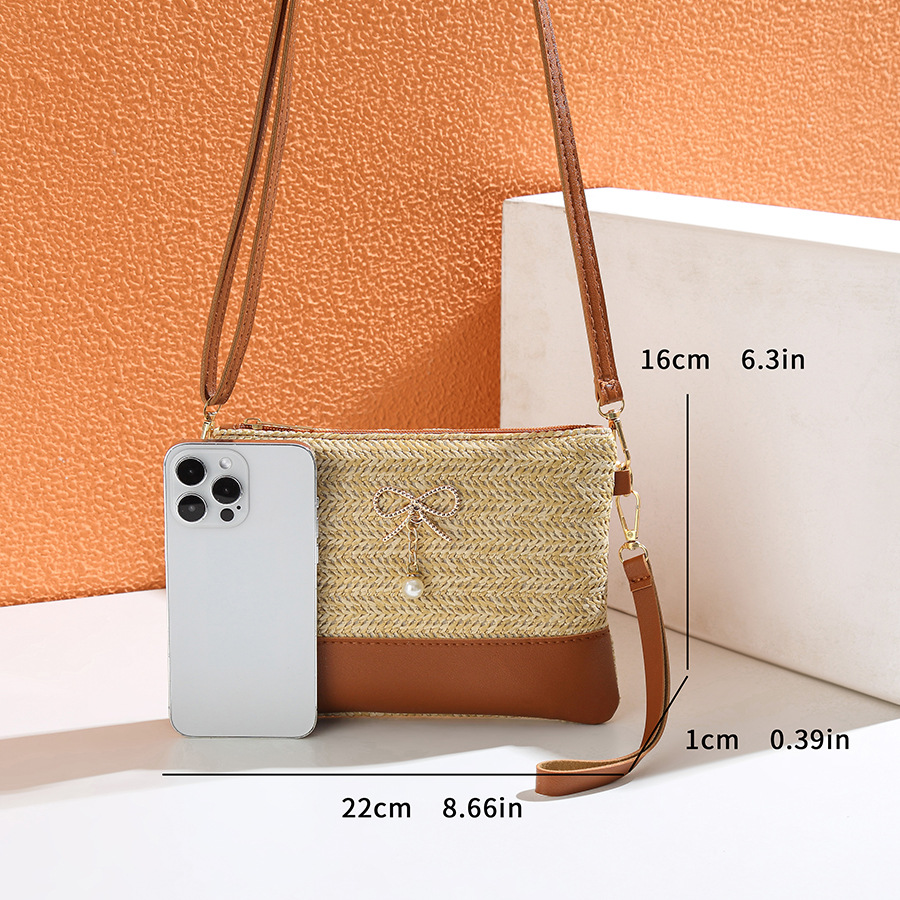 Zipper Closure Type Single Shoulder Strap Strap Type Women's Small Straw Color Block Bow Knot Vacation Square Zipper Crossbody Bag