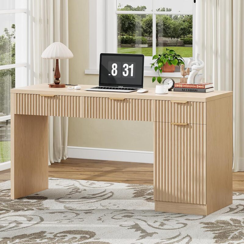 Ripple Pattern Executive Desk with Drawers Modern Home Office Computer Desk with Charging Station Keyboard Tray File Drawer