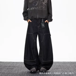 跨境男装复古原牛黑色双膝伐木工装裤男女宽松设计感弯刀牛仔裤