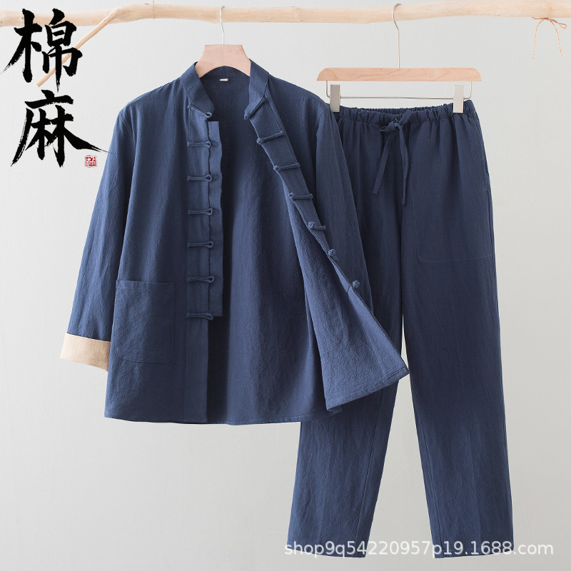 Chinese Style Cotton and Linen Tang Suit Men's Long-Sleeved Suit Chinese Retro Button-Up Stand-Up Collar Han Dynasty Tea Suit Middle-Aged and Elderly Two-Piece Set Chinese Style Cotton and Linen Tang Suit Men's Long-Sleeved Suit Chinese Retro Button-Up Stand-Up Collar Han Dynasty Tea Suit Middle-Aged and Elderly Two-Piece Set