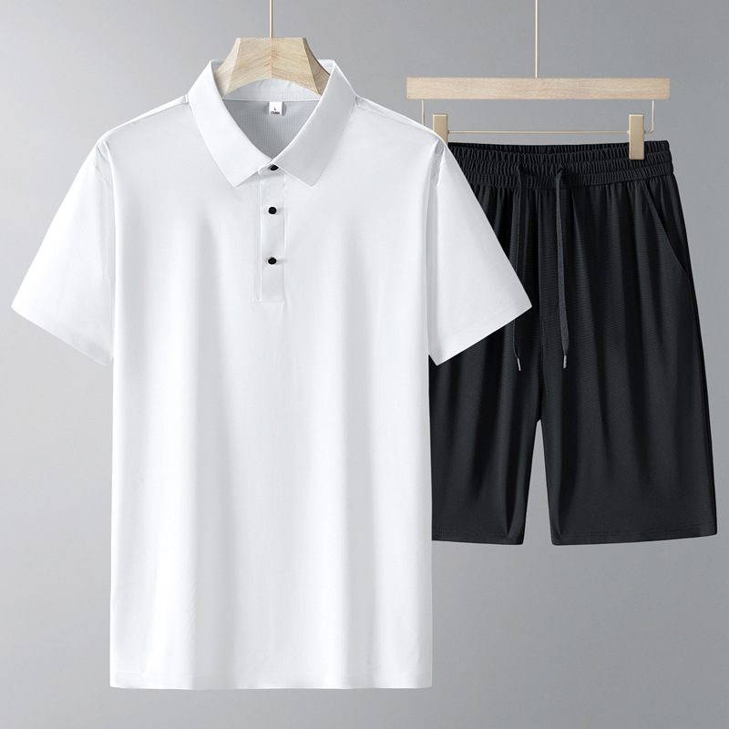 Papa set de pantalones cortos de verano de hielo de alta calidad elástico delgado de manga corta de mediana edad deportiva polo casual dos piezas set