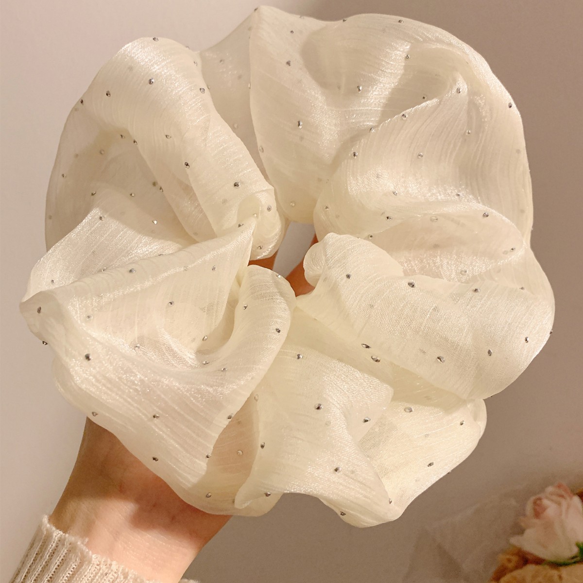 Gypsophila~ Gentle Beige Mesh Scrunchie Women, French Style, High-end Vsatile Accessory, Sup Large Hair Tie For_voghion.com