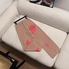 高版本~CH克罗马蹄贴皮十字架潮牌牛仔裤现货休闲卡其拼皮直筒裤