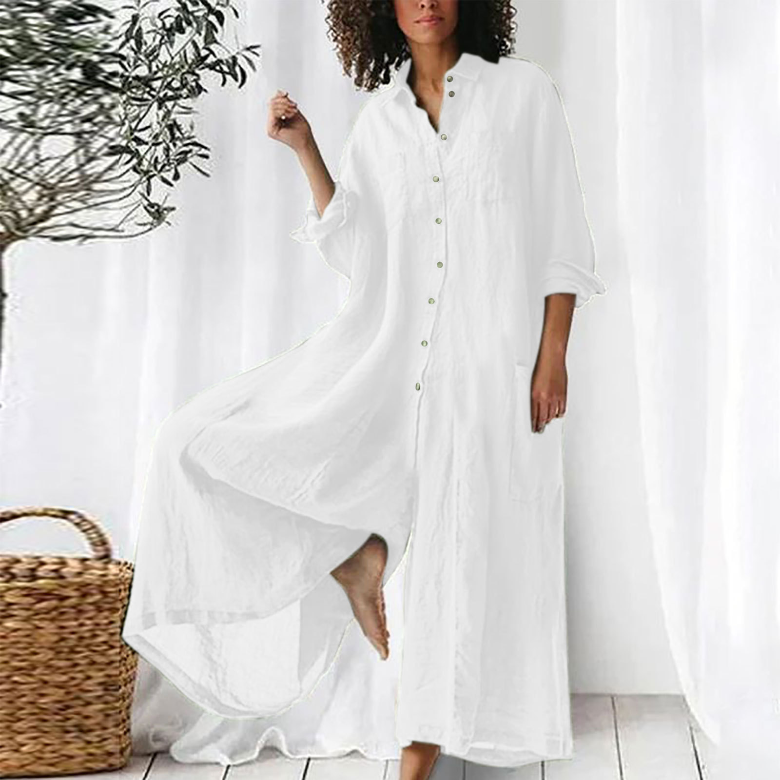 Women's Solid Color Casual Long Sleeved Jumpsuit Mid Length Cotton Linen Blend_ecoleips.com