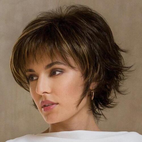Factory direct sales wig short straight hair fluffy short bangs dark brown women's wig short curly hair one piece hair