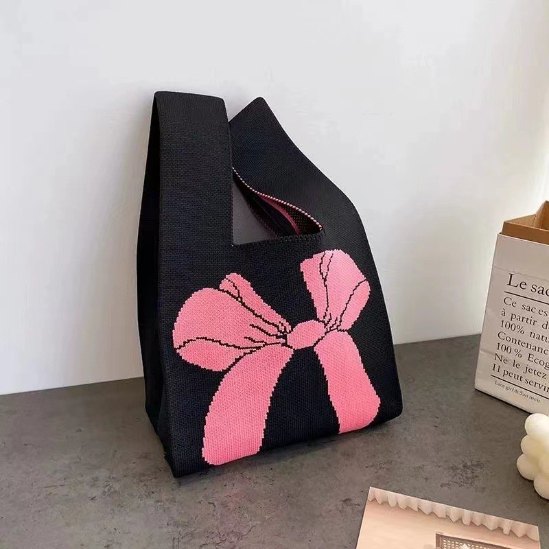 2024 new big bow vest bag women's Korean-style fashion knitted handbag large capacity lunch box tote bag