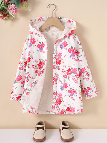 Girls 'coat in winter, new floral hooded European and American style coat for girls, medium and long loose plush coat, trendy