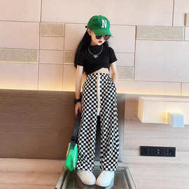 儿童女童冰丝阔腿防蚊裤夏装薄款时髦棋盘格子中大童宽松休闲裤子