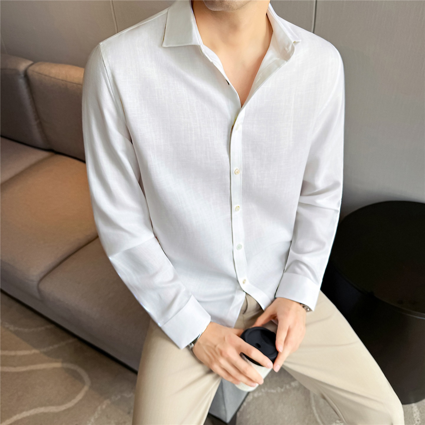 Summer Men's Lyocell Linen-Cotton Blend Square Neck Shirt, Italian Gentleman Style, Breathable, Commuter Long-Sleeve Shirt