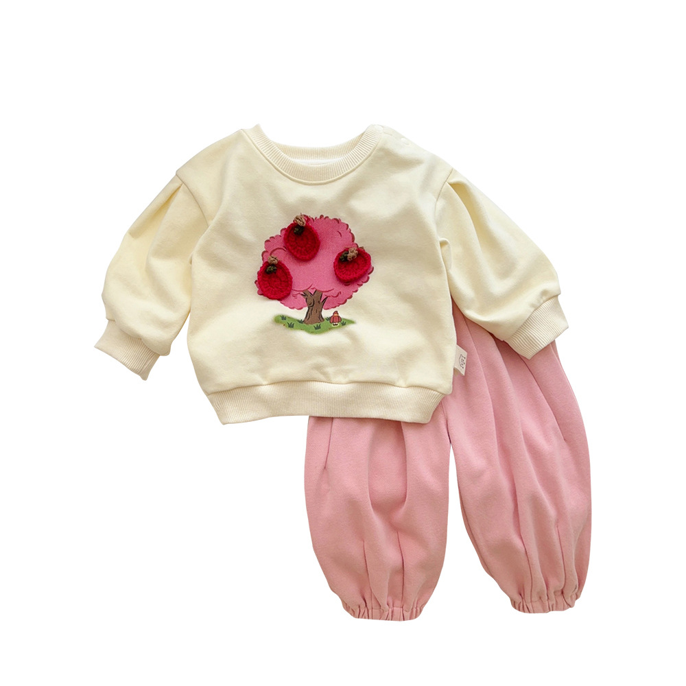 Ropa para niños coreanos 25 años otoño nuevo producto traje de bebé dibujos animados contraste color suéter pantalones mujer ropa de bebé traje de dos piezas