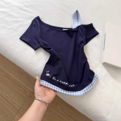 设计感假两件挂脖短袖T恤女小个子辣妹修身显瘦短款小众格子上衣