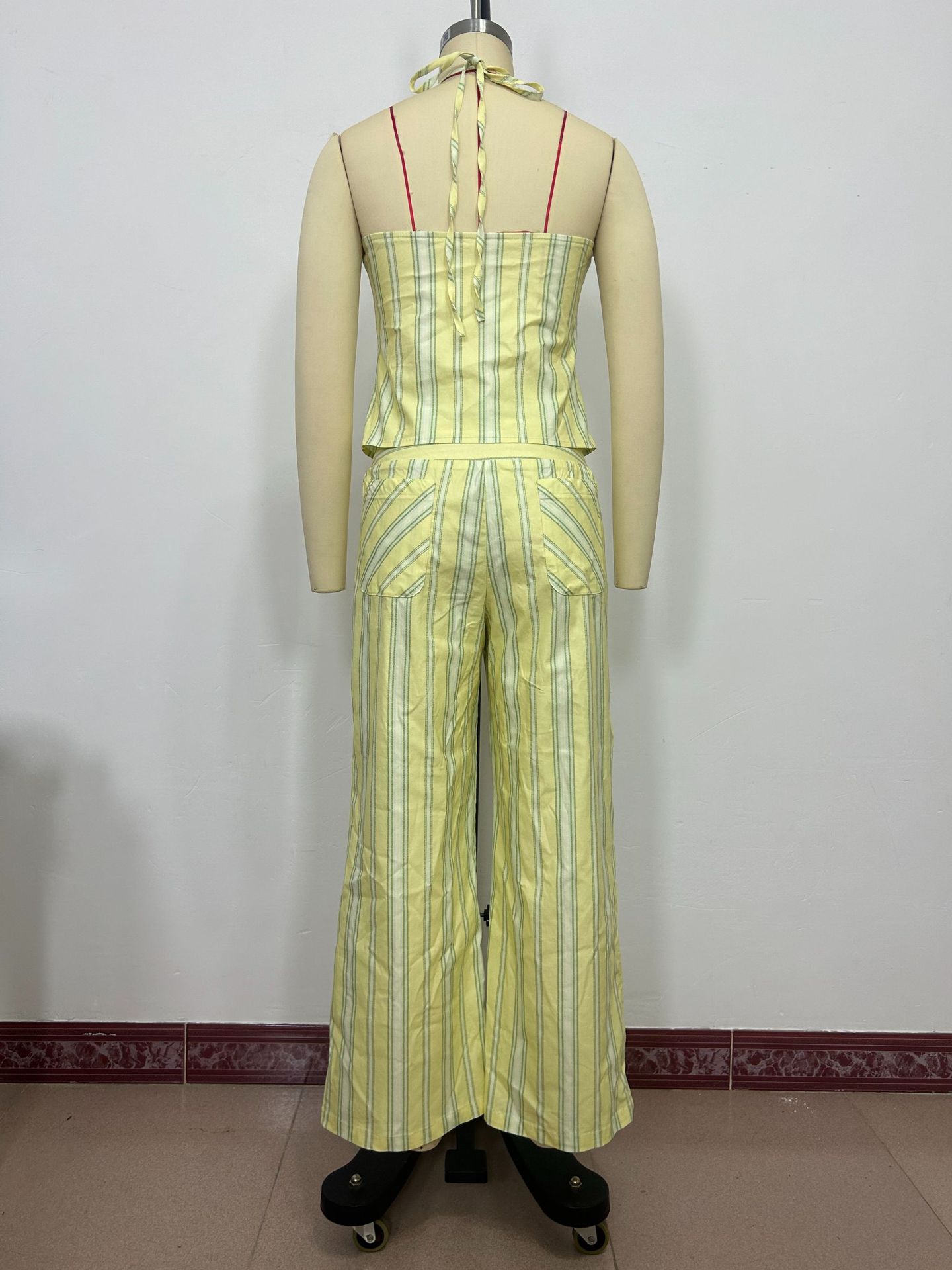 Women's Halter Neck Striped Lounge Set With Tie-Waist Top And Wide-Leg Pants | Soft Summer Loungewear_ecoleips.com