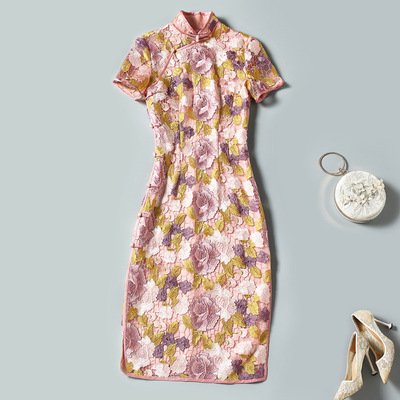 2021夏季新款短袖修身连衣裙一步裙立领复古牡丹绣花金色改良旗袍|ms