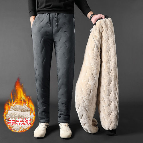 Winter lined thick windproof waterproof men's casual outdoor classic simple warm lambskin pants