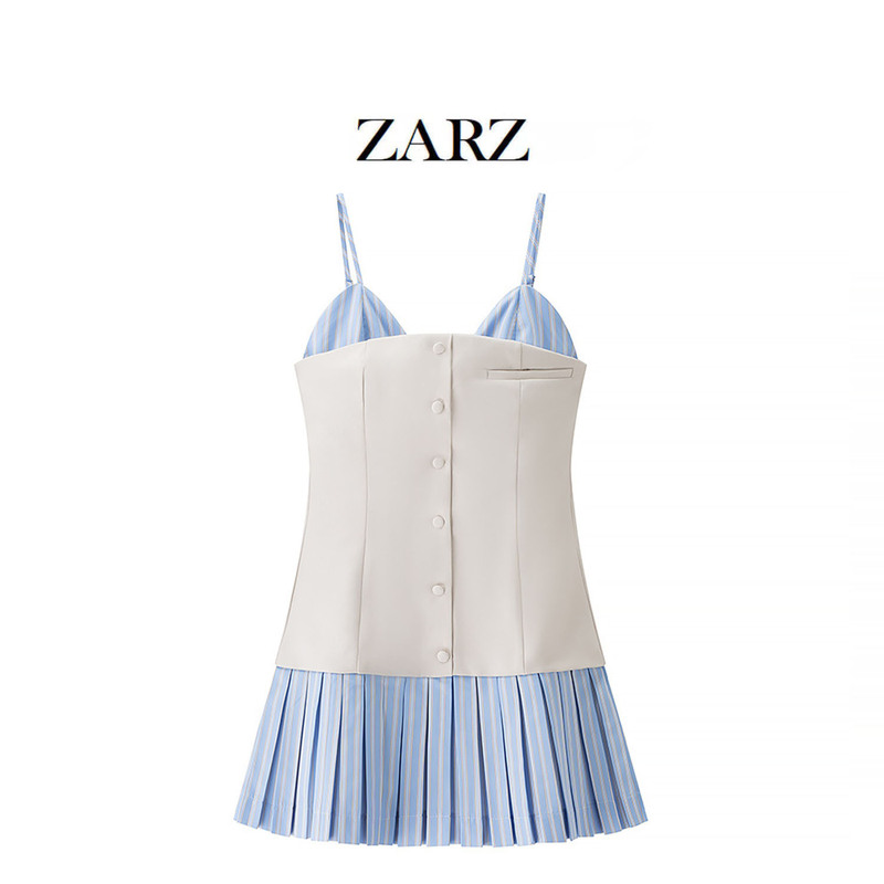 ZARZ Homemade European and American Style New Women's Poplin Stitching V-neck Sleeveless Short Sling dress 2304165