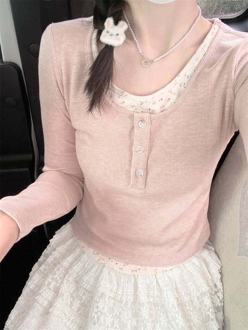 Pink Pure Stitching Fake Two-piece Bm Floral Base Knitwear Women's Early Spring Slim-fit Long-sleeved T-shirt Short Top