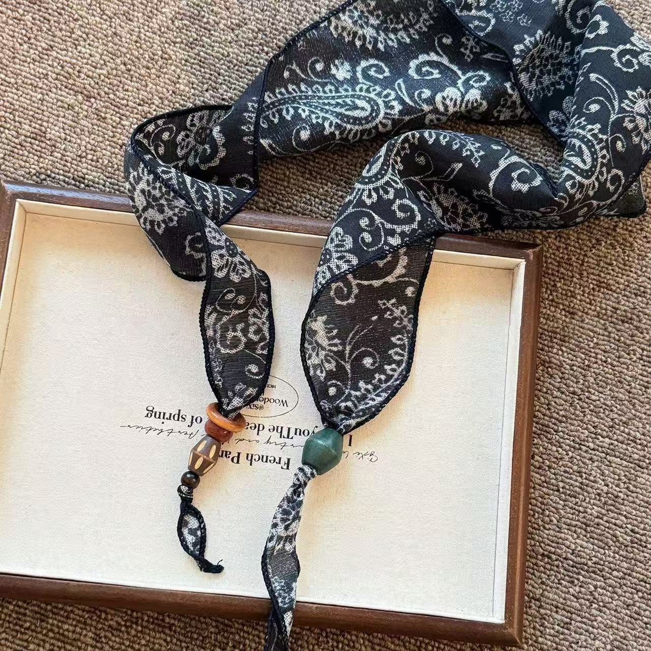 Black paisley silk scarf necklace