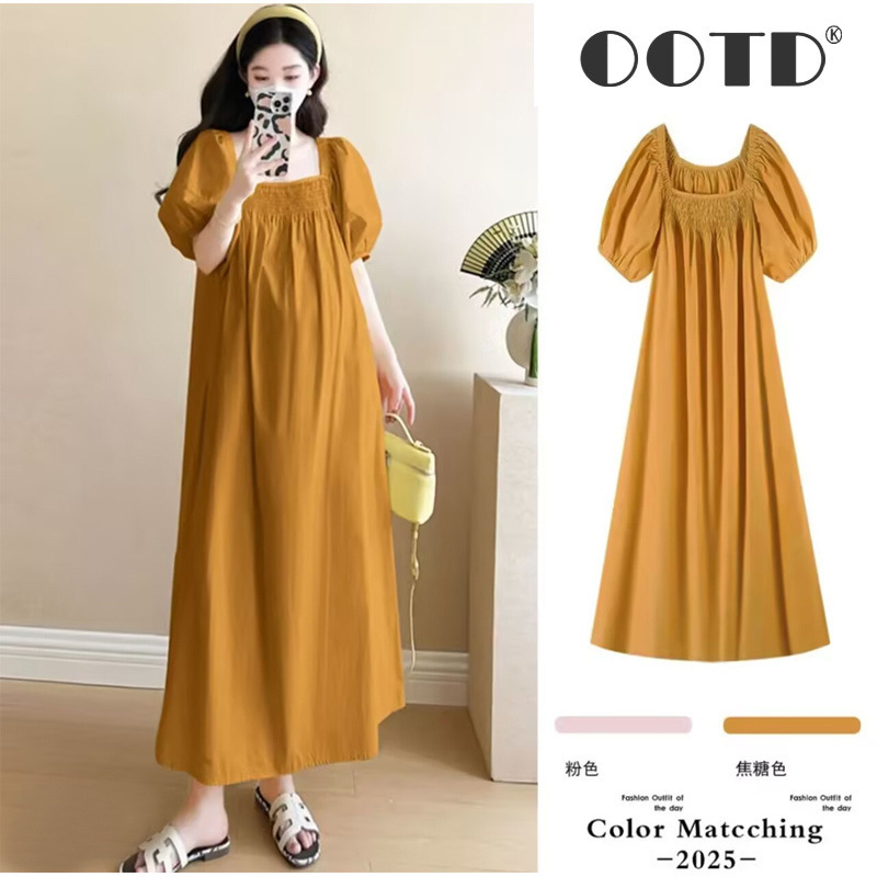 Maternity 2025 Summer New Style Temperament Princess Style Bubble Sleeve Loose Simple Pregnant Women plus size dress Summer Dress