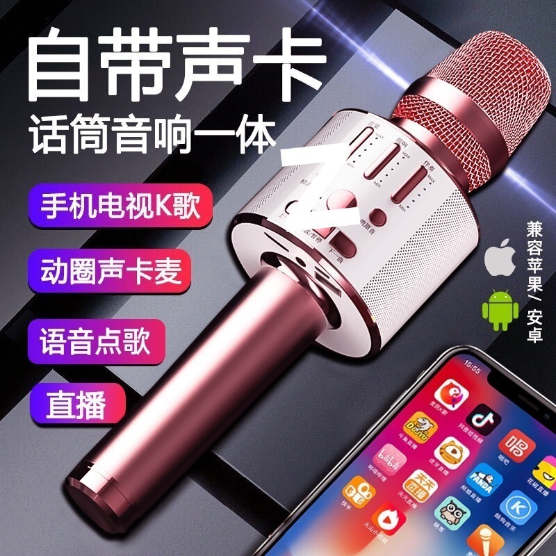 Microphone and Speaker Integrated Microphone for Mobile Karaoke, Comes with Sound Card, Wireless Bluetooth for Home Tv, Universal Singing