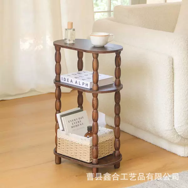 Cross-border solid wood sofa side table, living room wooden three-tier beaded leg storage rack, creative bedside table, wooden small table
