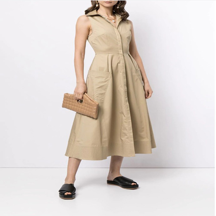 2026 Summer New Style Sleeveless Shirt Collar Single-Breasted Large Pocket Slim Fit Extended Bohemian Style Women's Dress