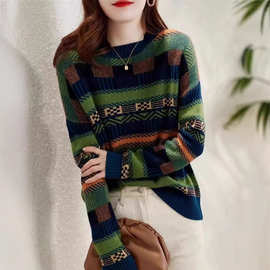 复古撞色条纹圆领羊绒针织衫套头毛衣女春秋欧货新款慵懒风打底衫