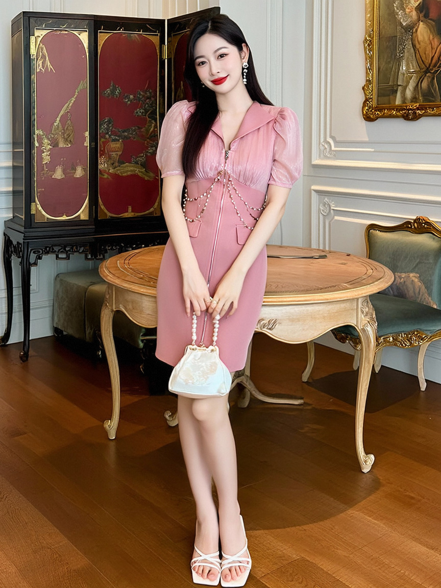 Đầm ôm body nữ cổ vest thiết kế eo cao tôn dáng — Màu hồng mây