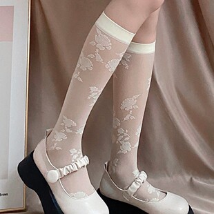 Vintage Rose Silk Stockings Women's Summer Ultra-thin Pure Sweet Lace JK Calf Socks