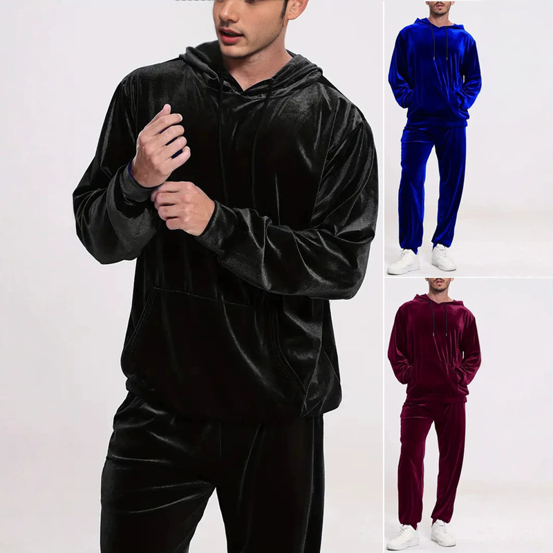 Velvet solid color jogger casual two-piece set with hooded sweatshirt and long-sleeved European and American style pants for men on Amazon