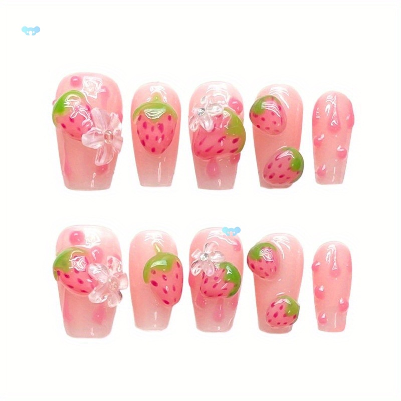 10pcs Handmade Strawberry Floral Coffin Press On Nails跨境