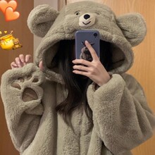 网红可爱小熊珊瑚绒连帽长袖睡衣女冬季新款居家服保暖套装可外穿