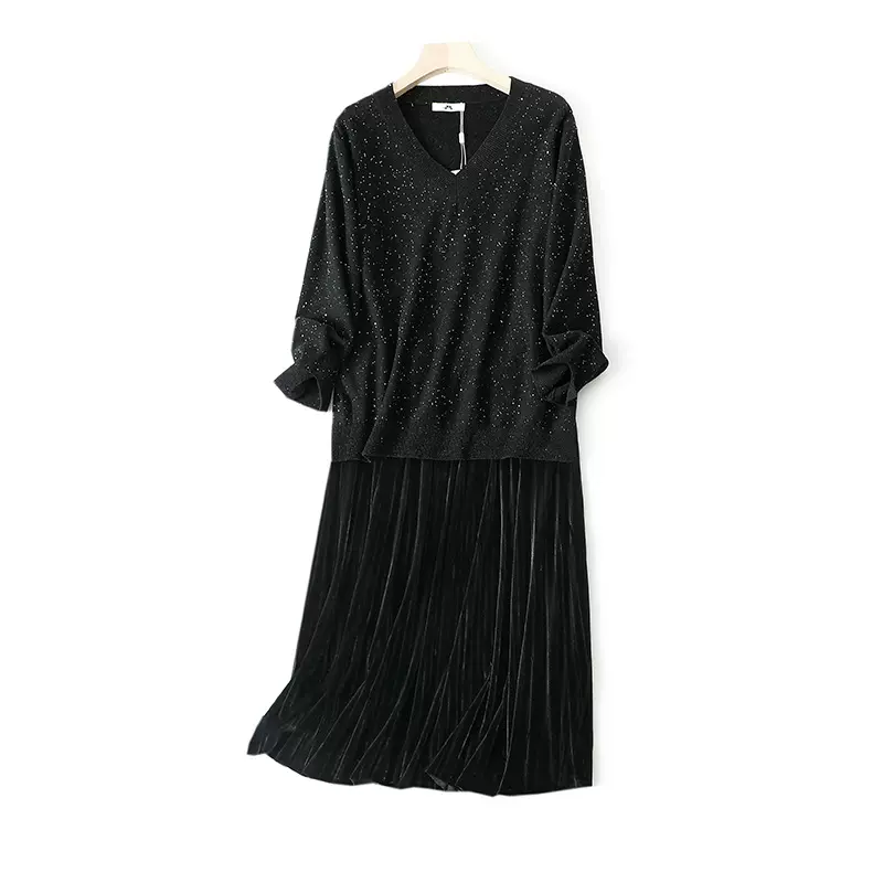 120-300斤加大码时尚两件套2025秋冬胖mm亮片V领针织衫百褶半身裙