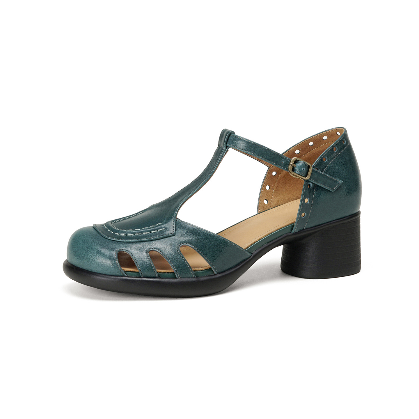 Sandal cao gót nữ mũi nhọn quai ngang khóa T, gót 5 cm, da bò thật — đen chi tiết 26