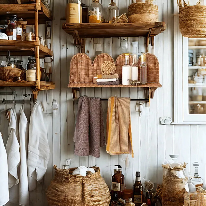 Toallero de baño de ratán hecho a mano Estante de baño Estante de baño multifuncional Estante de almacenamiento de toallero de baño