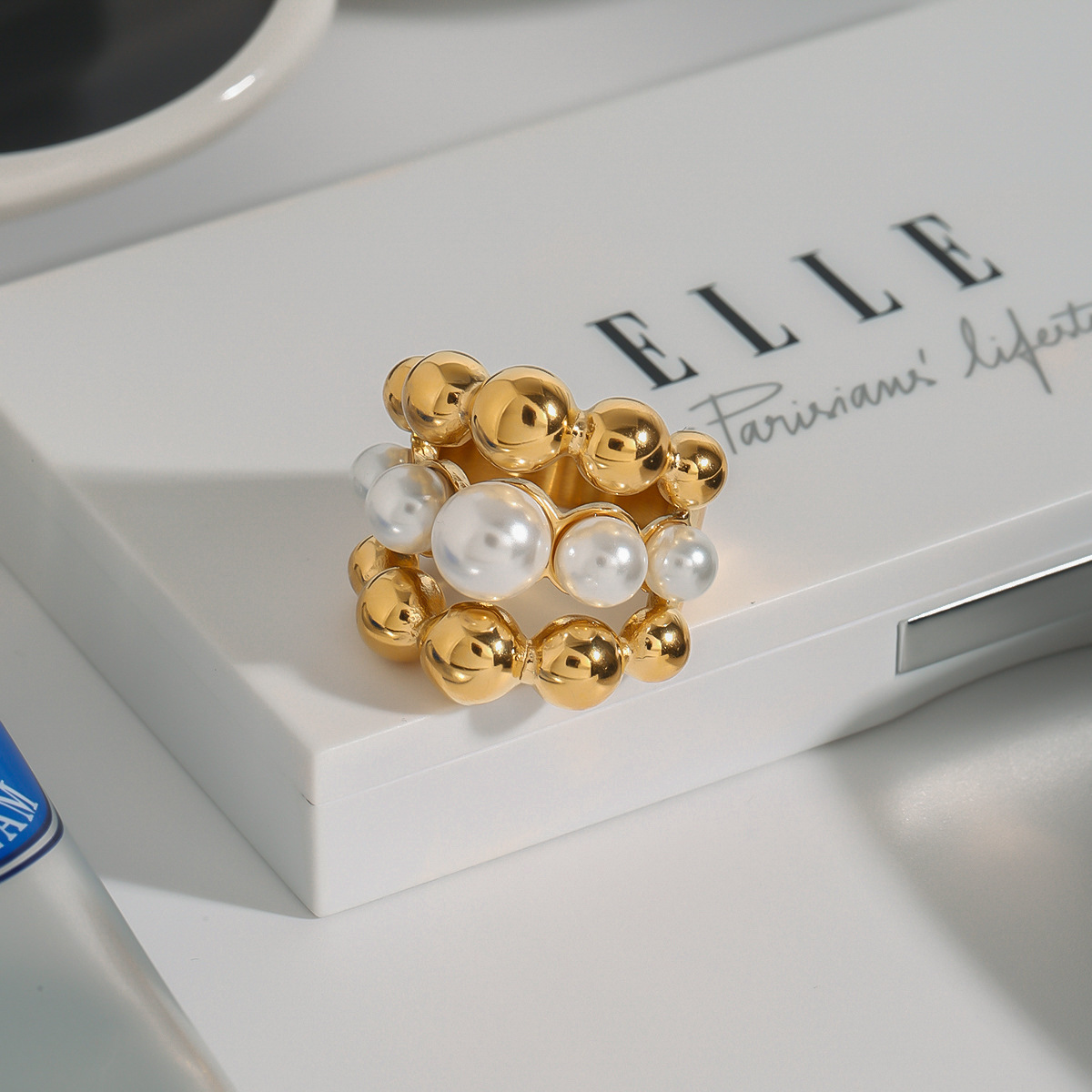 Jieding Anillo de perlas de acero de titanio europeo y americano Diseño de nicho femenino Joyas de alta gama Joyas de acero inoxidable Rings transfronterizos