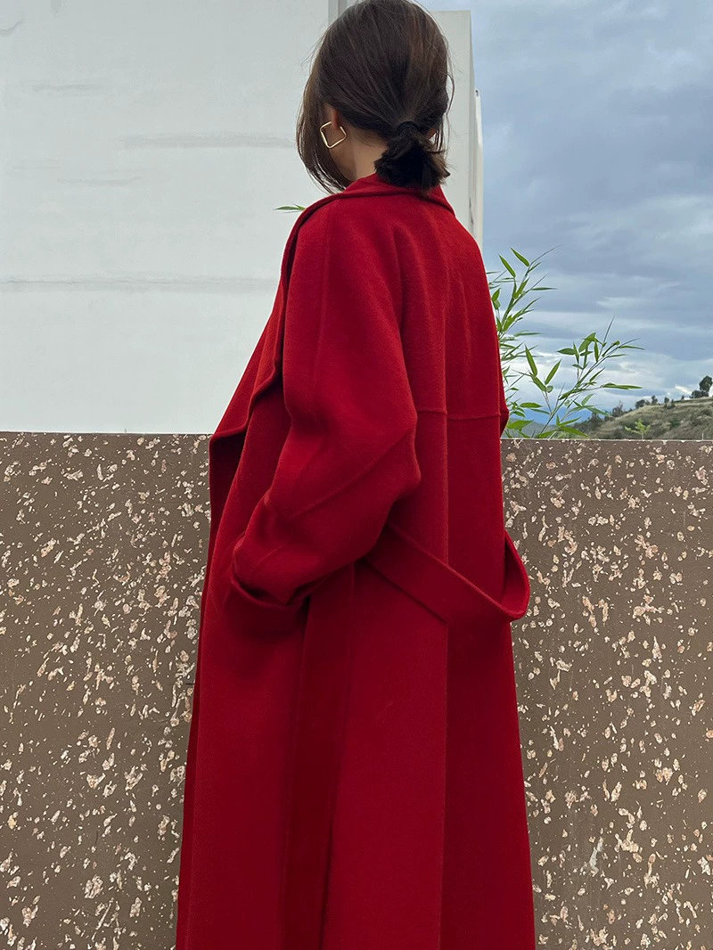 Длинный широкий лацкан Raglan рукава, свободный, стильный, элегантный, шнуровка, надколенный двухсторонний шерстяной пальто