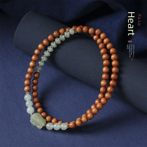 Sandalwood Buddhist beads bracelet 6mm multi-strand mixed with Dongling jade, vintage simple and elegant, women's wooden literary style