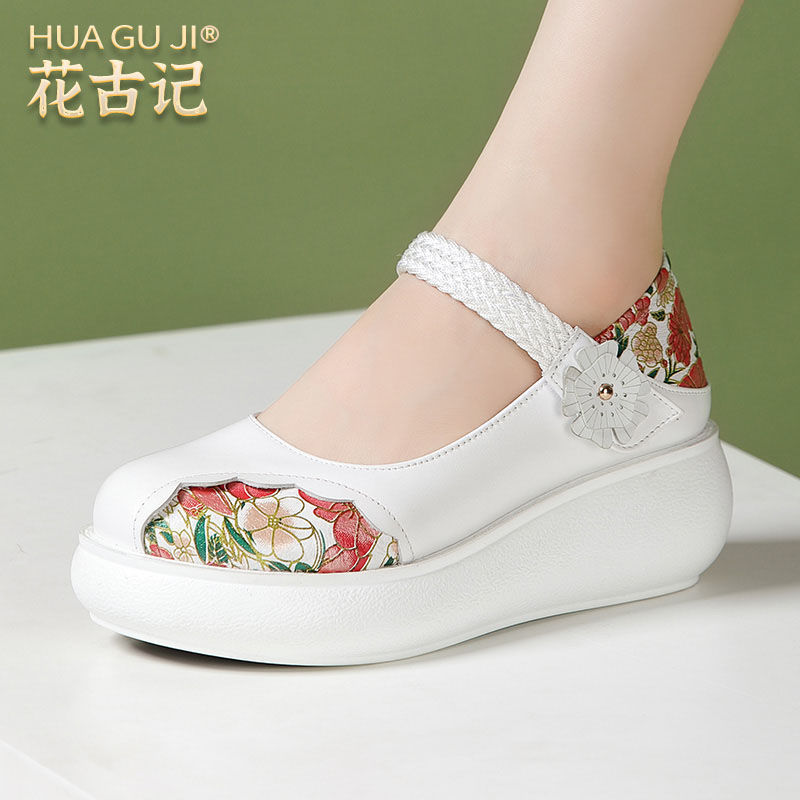 White genuine leather mid heel wedge Chinese fashion Hanfu shoes women's ancient style comfortable ethnic style dance embroidered shoes women's shoes
